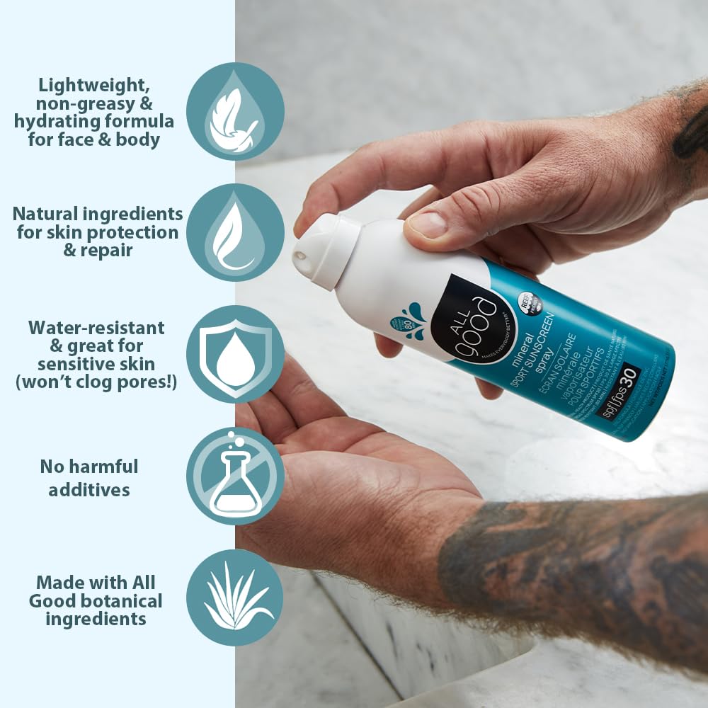 All Good Sport Sunscreen Spray - UVA/UVB Broad Spectrum SPF 30 - Water Resistant, Coral Reef Friendly - Zinc, Calendula, Aloe (6 oz)