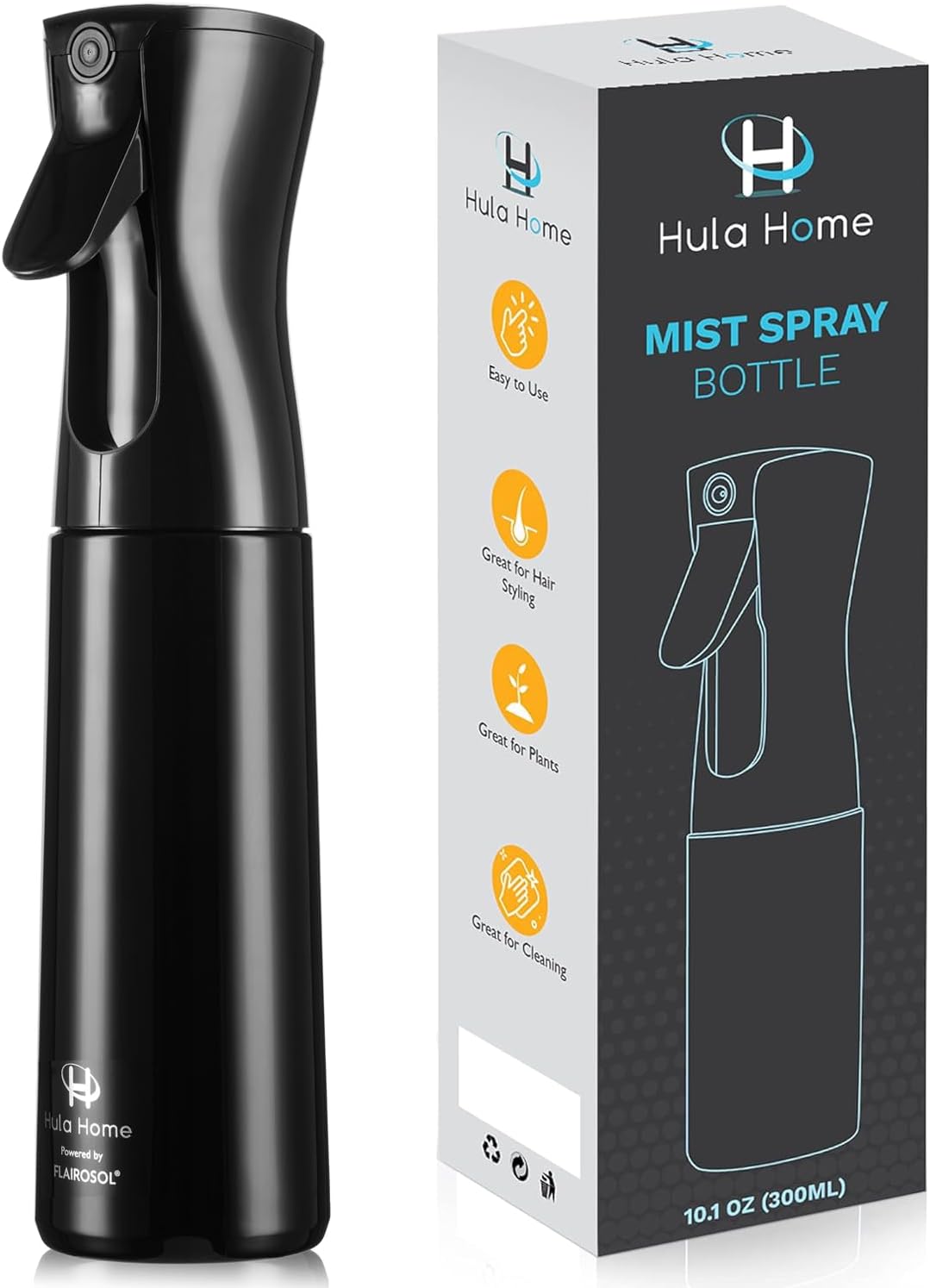Hula Home Spray Bottle for Hair (10.1oz/300ml) - Powered by Flairosol® Spray Technology - Continuous Ultra Fine Mist Sprayer – For Hairstyling, Cleaning, Salons, Plants, Essential Oil & More - Black