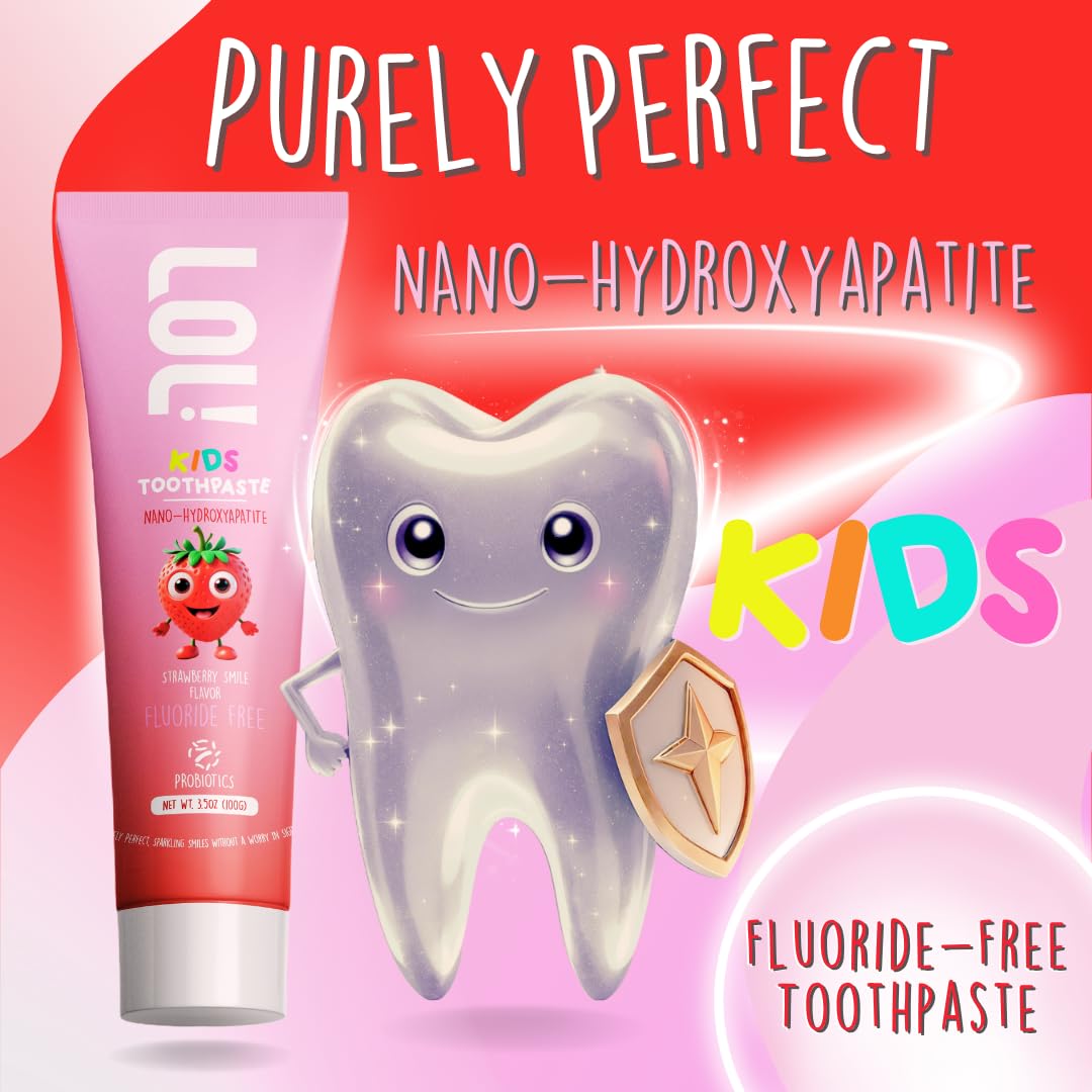 LOL Fluoride Free Toothpaste Kids, Nano Hydroxyapatite Toothpaste,Probiotics & Xylitol Tooth Paste Kids | Remineralizing | Natural | Plant-Based Foam | Pasta De Dientes para Niños. (Strawberry)