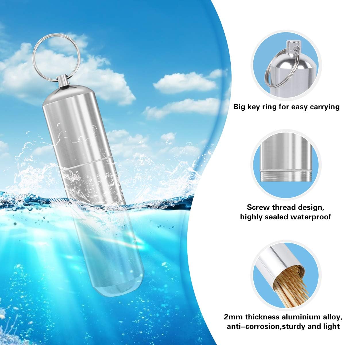 Minisland Large Portable Metal Aluminum Toothpicks Holder Dental Floss Picks Q-tip Pill Holder Keychain Outdoor Travel Small Container Waterproof Silver Color Dia.25mm -MSL143