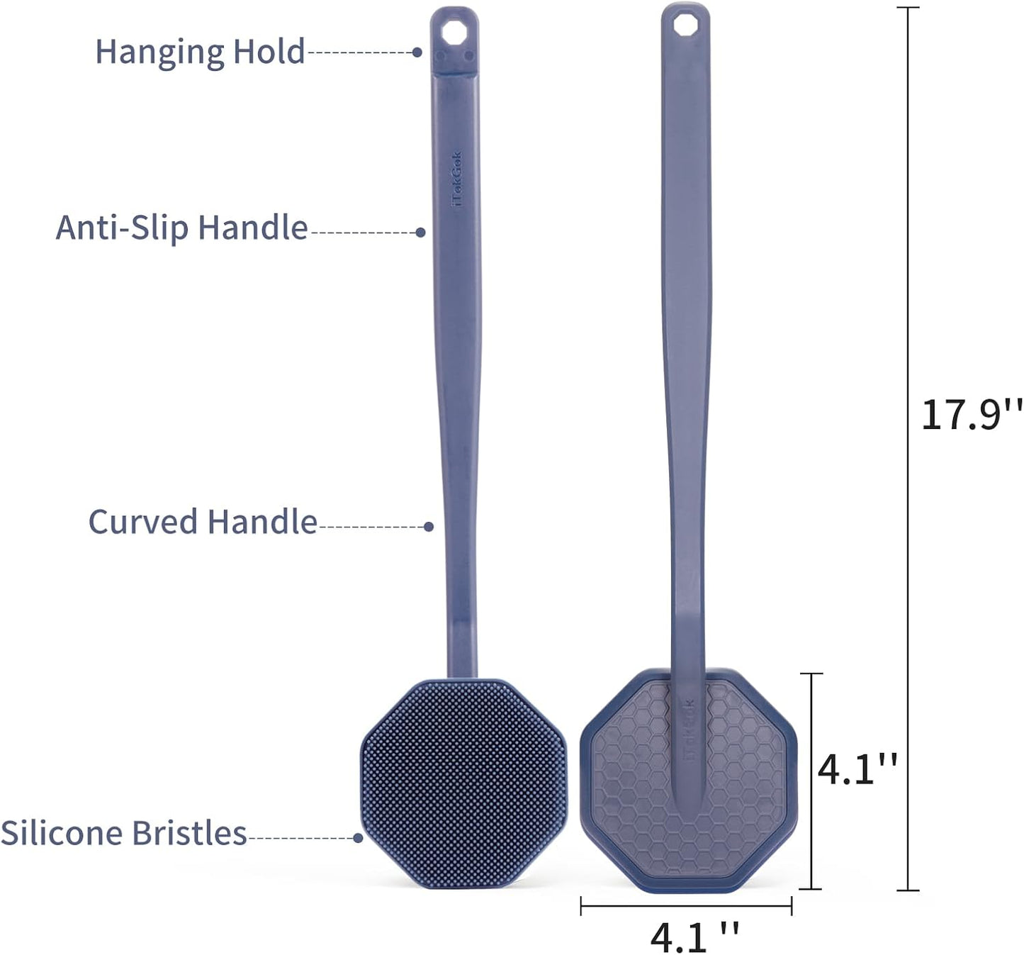 iTokGoK® Silver-Infused Silicone Back Scrubber with Long Handle Back Brush for Shower,Back Brush Long Handle for Men and Women,Ergonomic No-Slip Handle, Long-Lasting (Lavender)