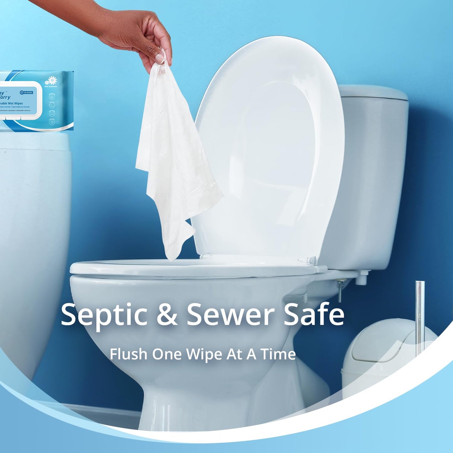 WhyWorry Flushable Wipes for Adults, Extra Large 8"x10" Butt Wipes for Personal Hygiene & Cleansing, Chamomile and Vitamin E, 100% Plant-Based, Septic & Sewer Safe, Sea Incense, 384 Count (8 Packs)