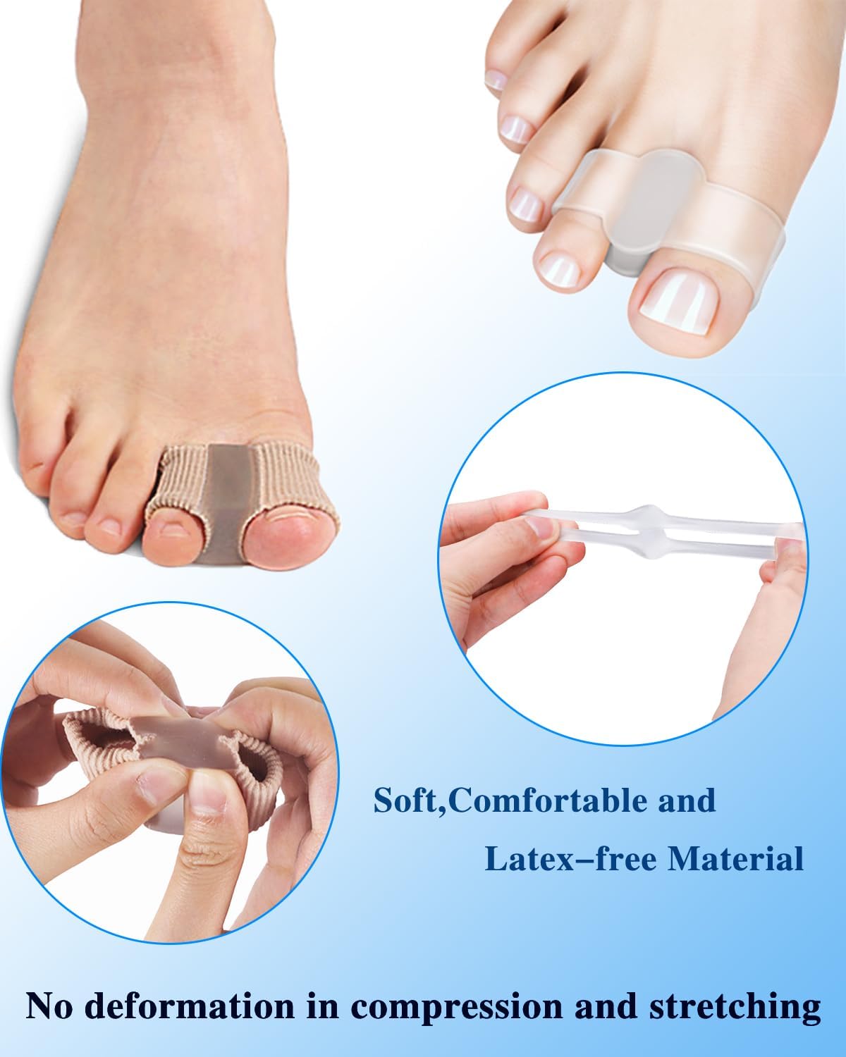 4Pcs Toe Separators for Bunion Correction, Big Toe Straightener Elasticity Hammer Bunion toe Corrector Spacers for Feet Women Men Correct, with 2 Loops (2 Nylon+2 Gel)
