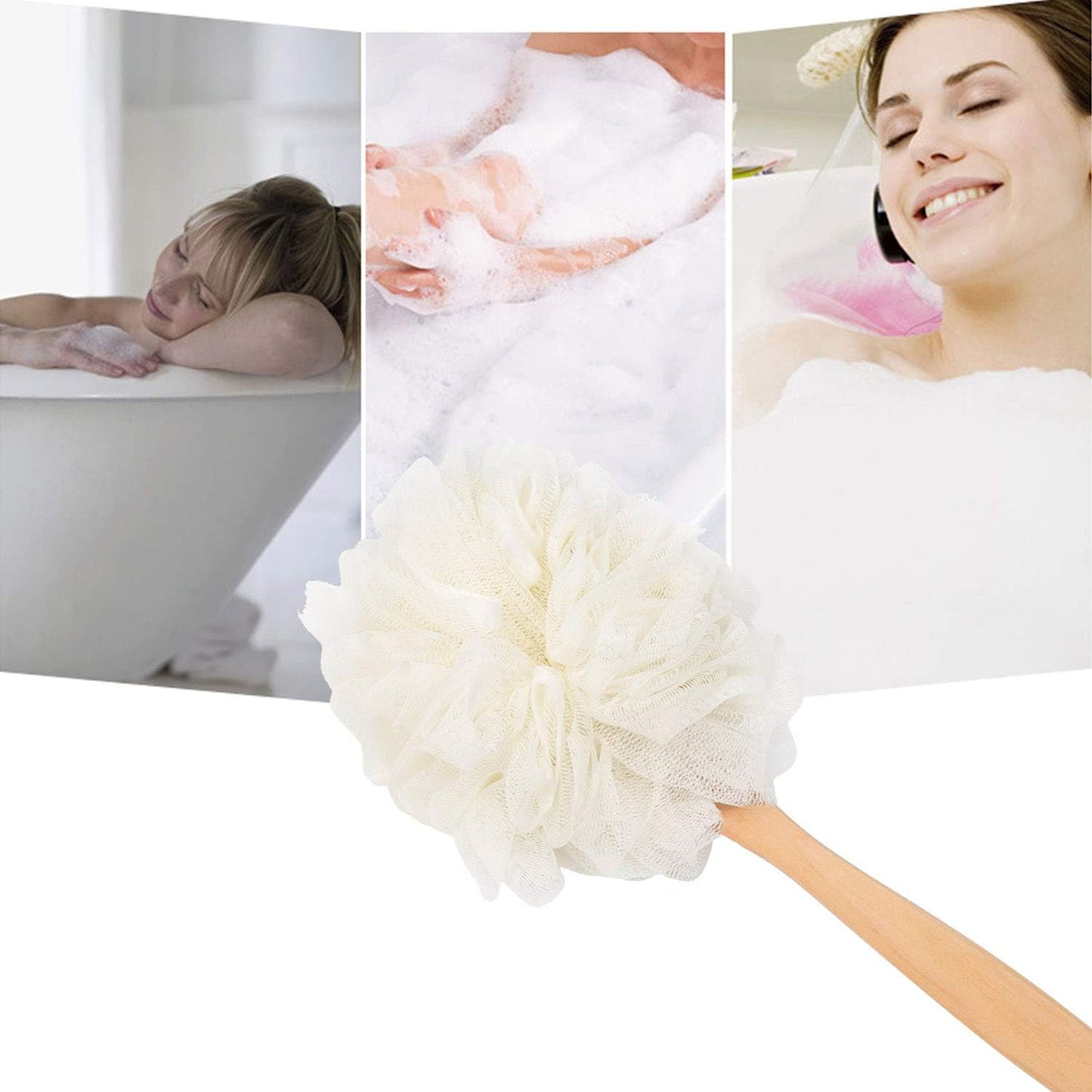 Loofah Back Scrubber for Shower, Wooden Long Handle Bath Sponge Lufa Shower Brush, Soft Nylon Mesh Back Cleaner Washer, Women & Men Exfoliating Luffa Pouf on a Stick for Body (White)