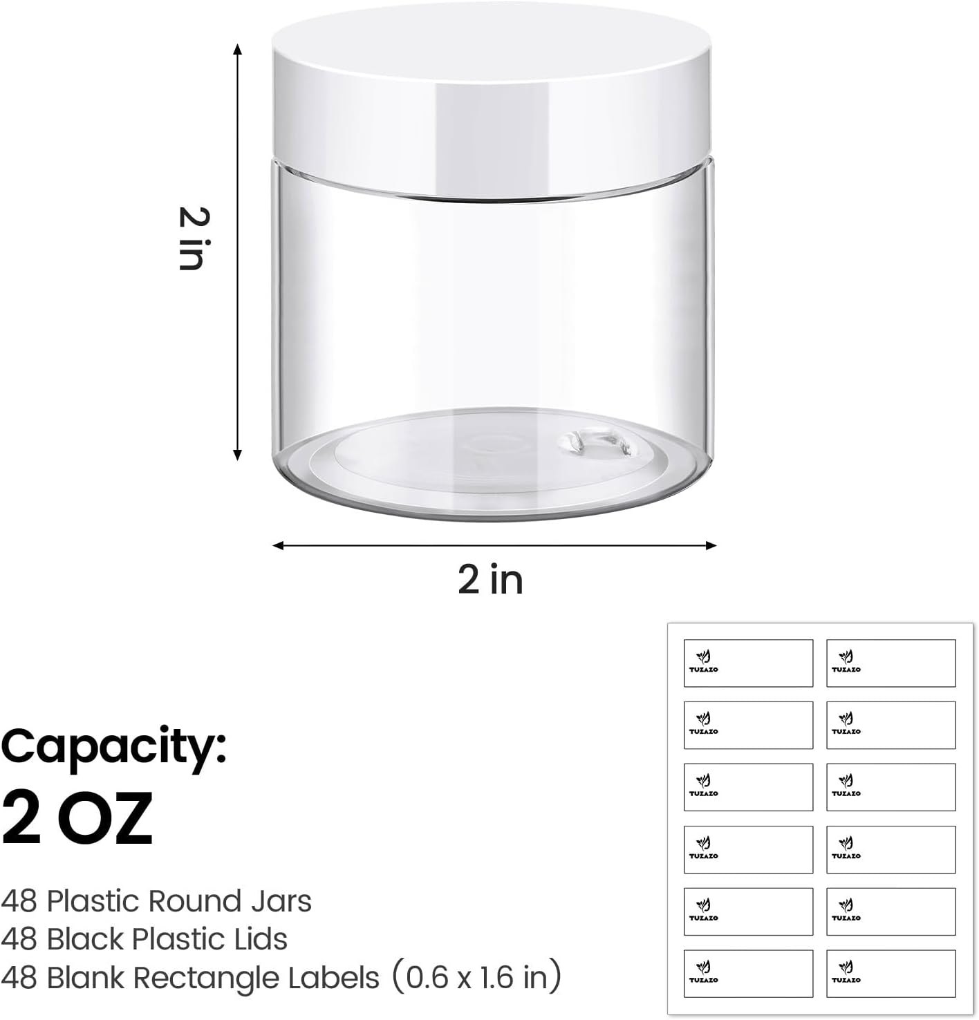 TUZAZO 48 Pack 2 Oz Small Plastic Container Jars with Lids and Labels BPA Free, Empty Round Clear Cosmetic Containers Plastic Slime Jars for Lotion, Cream, Ointments, Samples, Travel Storage (48)
