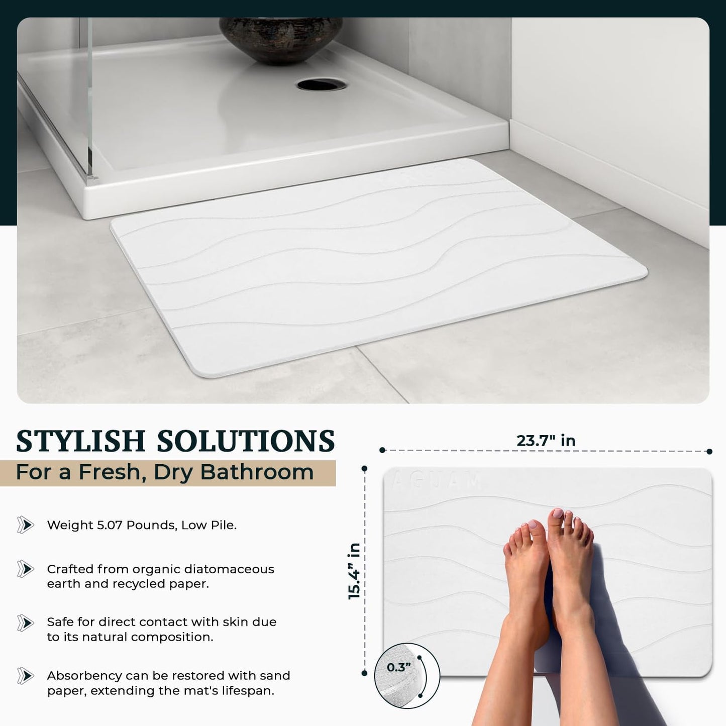 23" x 15" Diatomaceous Earth Shower Non Slip Stone Bath Mat | Quick Dry Super Absorbent Large Mats for Kitchen | Anti-Slip Fast Drying Water Absorbing Stone Bath Mats for Bathroom | Engr-Offwhite