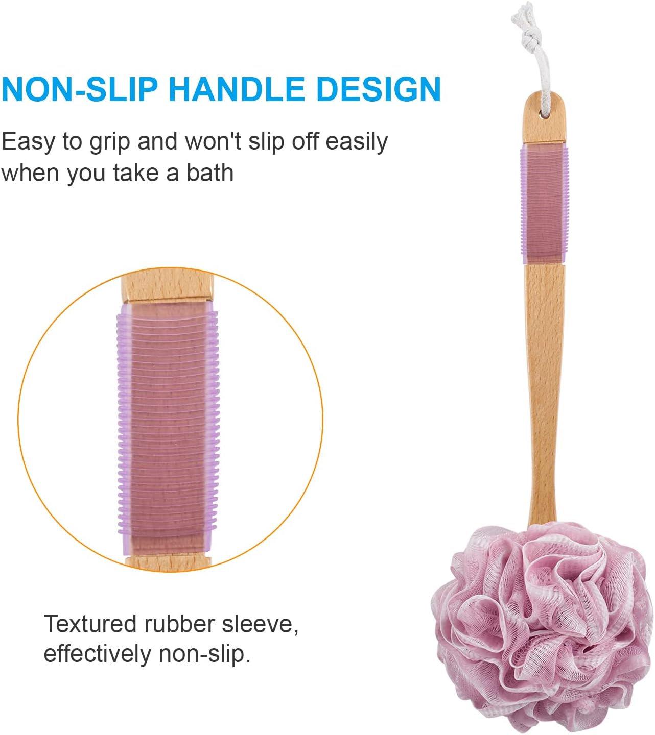 AmazerBath Shower Sponge Loofah Back Scrubber, PE Soft Mesh Loofah Body Scrubber with Long Wooden Handle, Bath Sponge for Men Women (Pink)