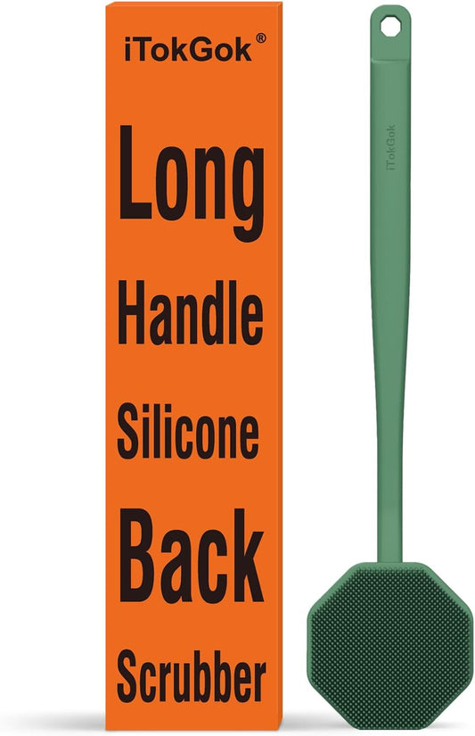 iTokGoK® Silver-Infused Silicone Back Scrubber with Long Handle Back Brush for Shower,Back Brush Long Handle for Men and Women,Ergonomic No-Slip Handle, Long-Lasting (Midnight Green)