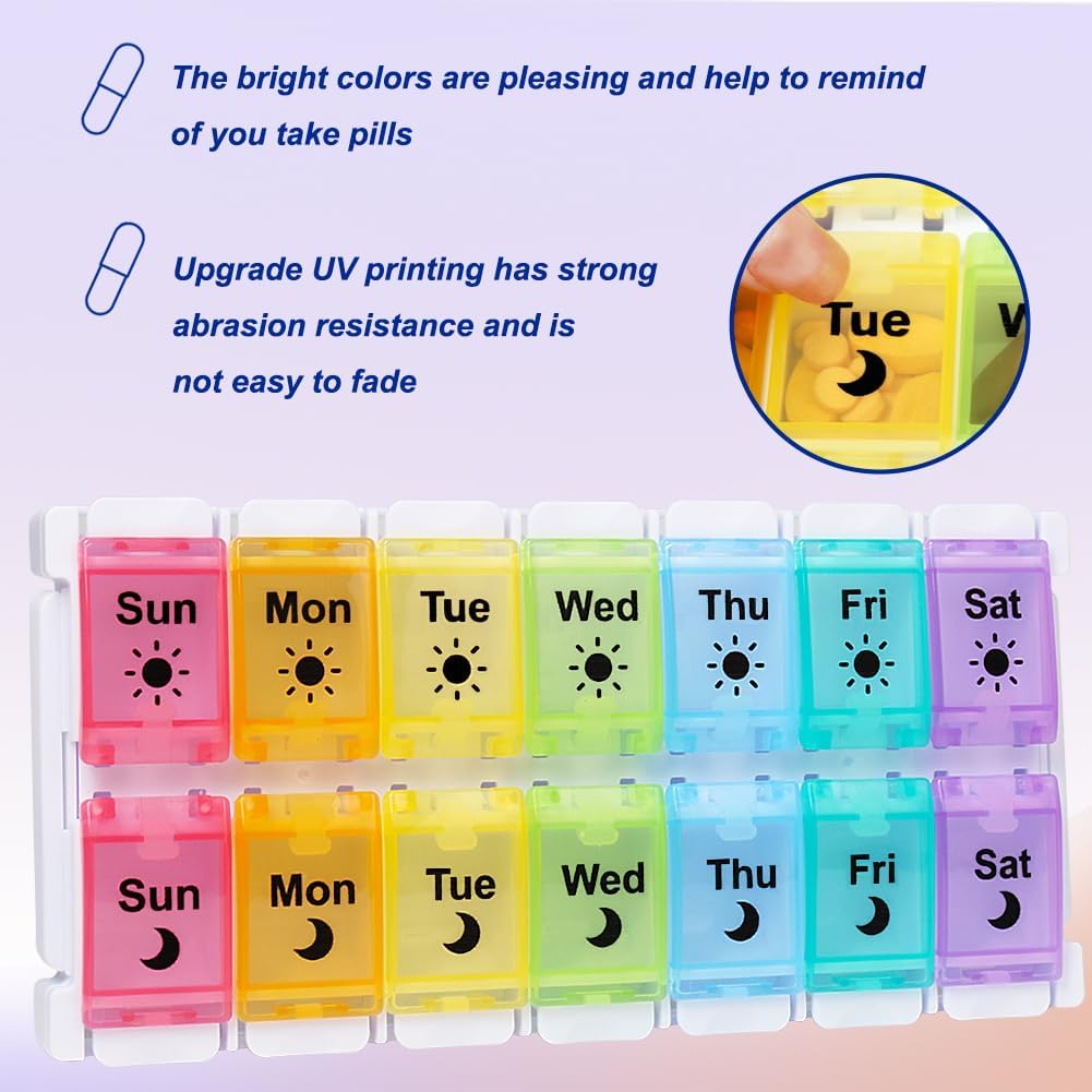HRX Package Medicine Pill Boxes 7 Day AM/PM, Easy Fill & Open Medication Organizer Vitamin Reminder Holder Day and Night
