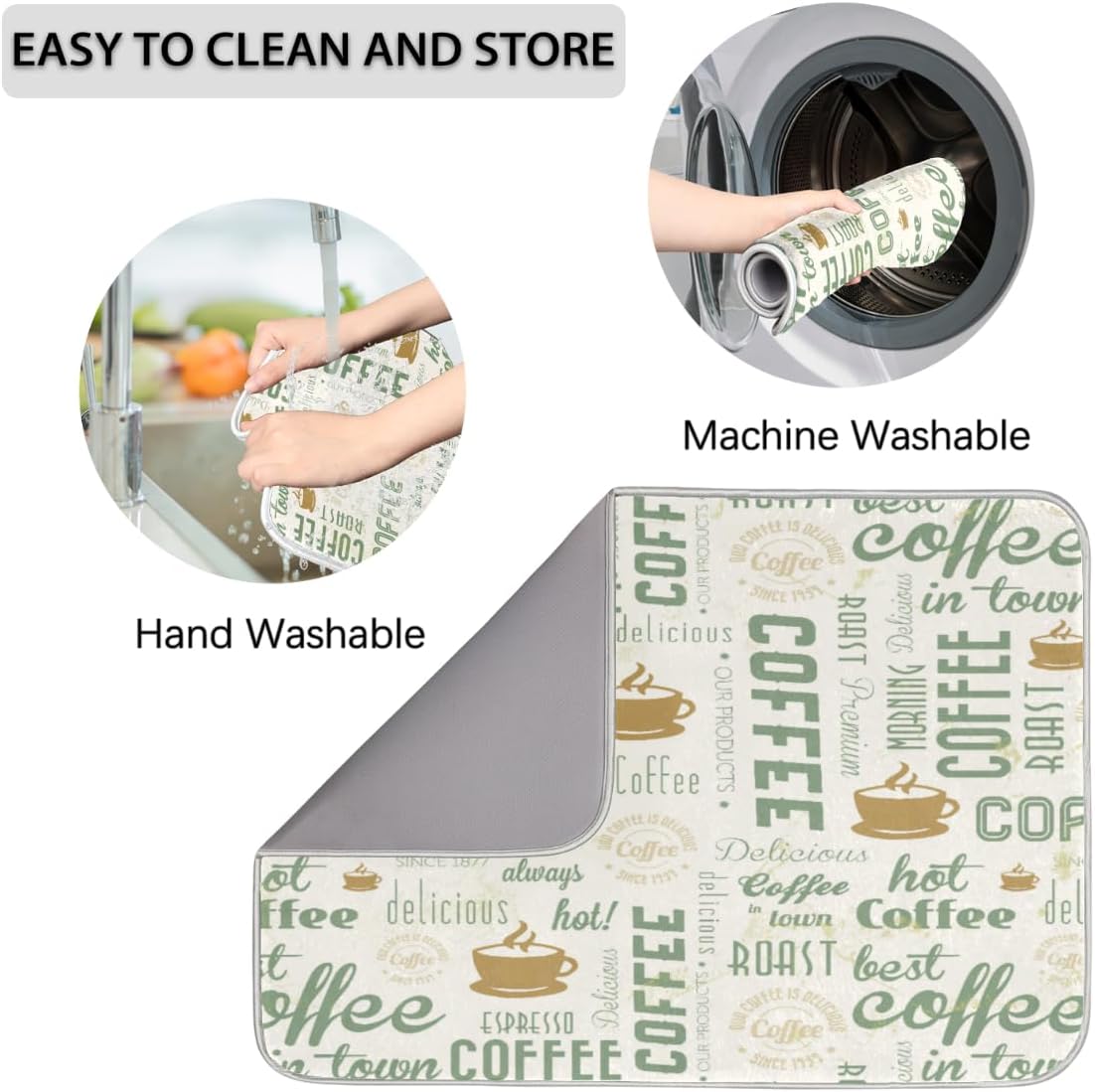 Hexteria Dish Drying Mat for Kitchen Counter, Absorbent Coffee Bar Mat, Dish Drainer Rack Mats for Kitchen Counter, Green