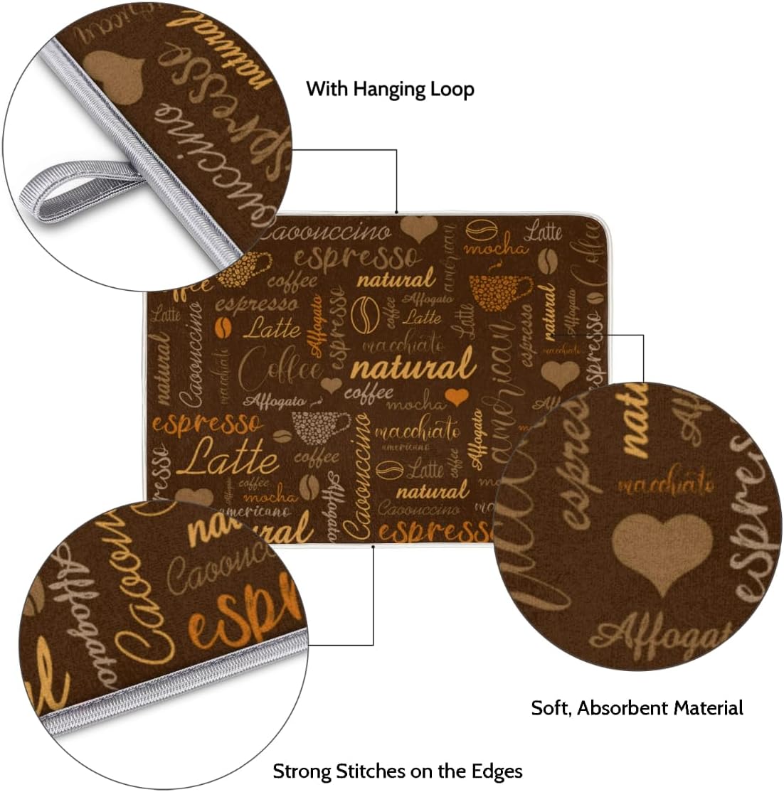 Hexteria Coffee Dish Drying Mat for Countertops, Quick Drying Mat for Kitchen, 16"x18", Brown