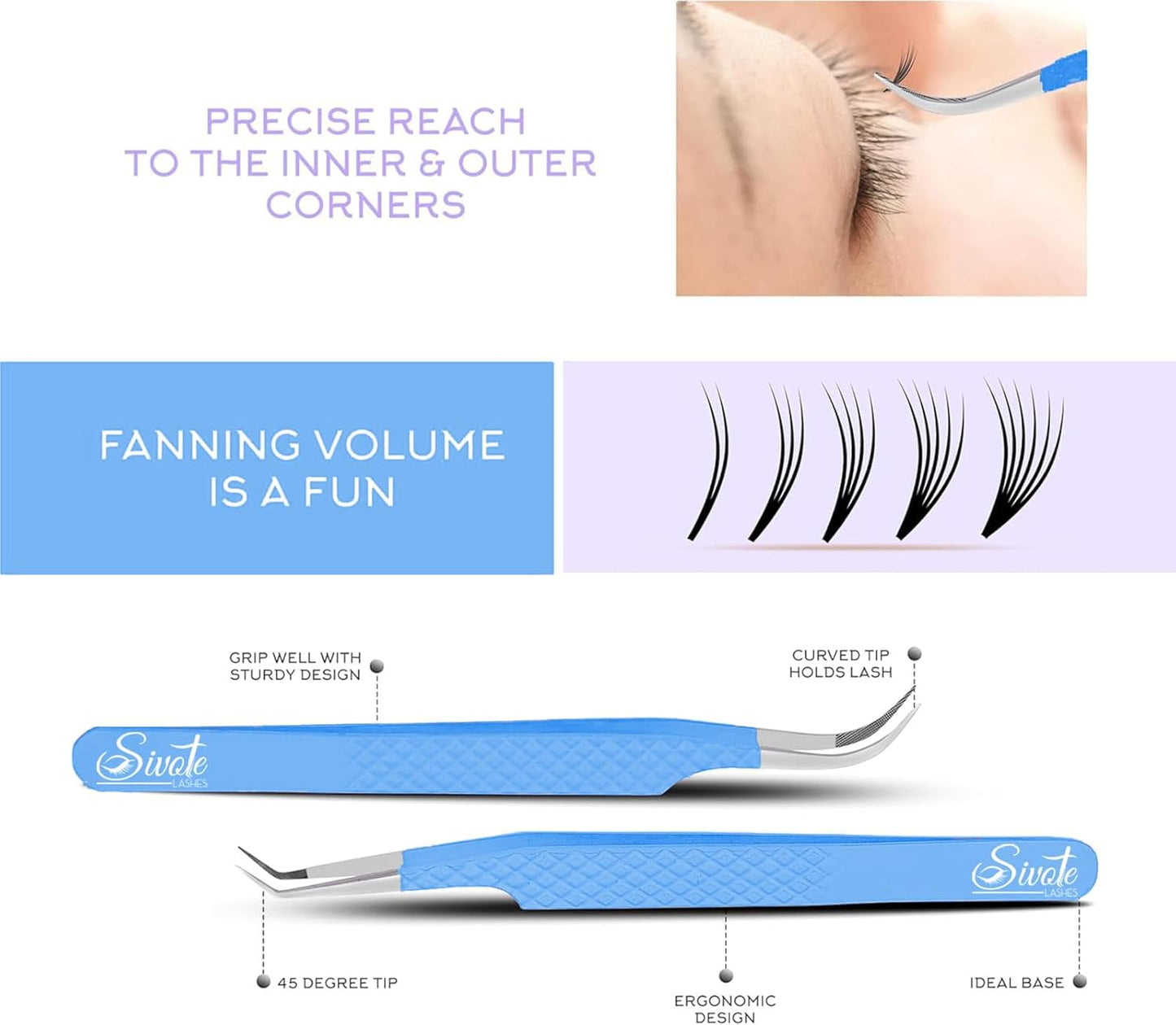 SIVOTE Lash Tweezers for Eyelash Extensions, Pack of 5 Blue – Lash Extension Tweezers Set with Diamond Grip, Precision Fiber Tip for Volume Tweezers Eyelash Extensions