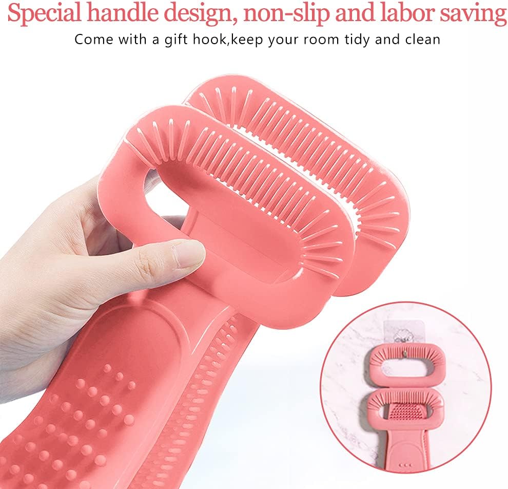 Inmorven Exfoliating Back Scrubber for Shower with Handles, 30 Inch Double-Sided Back Exfoliator Body Scrub Towel, Exfoliating Washcloth Bath Tool for use in Shower, Clean Skin for Men & Women (Pink)