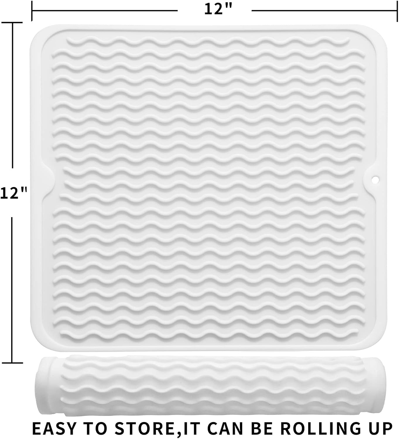 Silicone Dish Drying Mat for Multiple Usage,Easy clean,Eco-friendly,Heat-resistant Silicone Mat for Kitchen Counter or Sink,Refrigerator or Drawer liner White M 12 inches x 12 inches