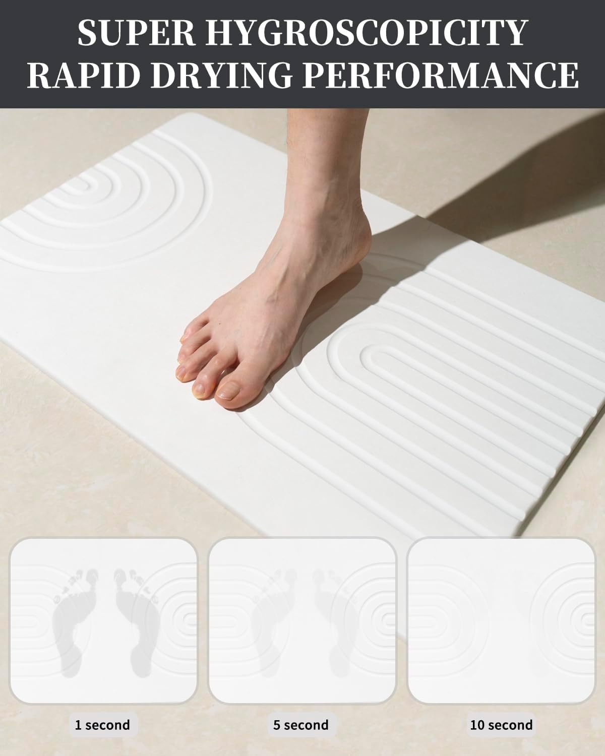 Stone Bath Mat 24"x16" - Diatomaceous Earth Shower Mat, Quick Dry, Anti-Slip, Modern Design with Bonus Non-Slip Pad - Perfect for Home Safety and Style, White,Semicircle