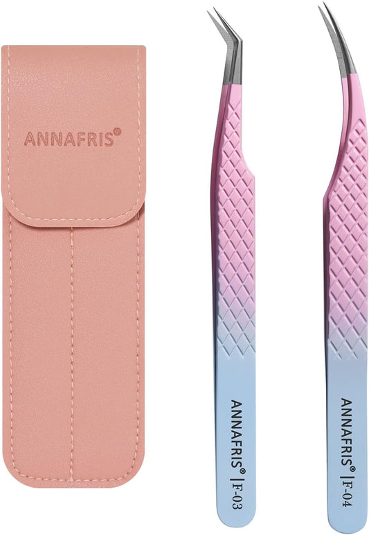 Eyelash Extension Tweezers,Fiber Tip Grip Boot Volume Lash Tweezers,Professional Pointed Lash Extension Tweezers for Easy Lash Application and Removal(2Pcs-F03/04)