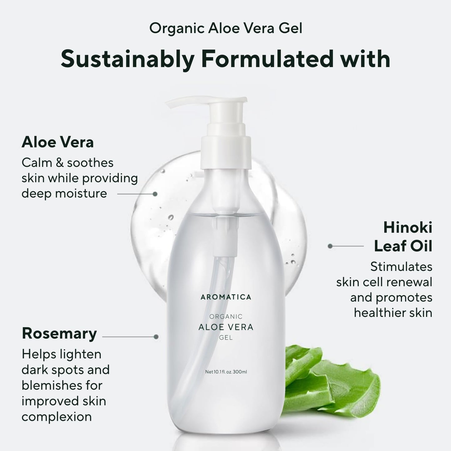 AROMATICA Organic Aloe Vera Gel (2 pack), After Sun Care and Sunburn Relief with Pure Aloe Vera Gel Face&Hair, Sun Burn Moisturizer EWG Verified (10.14oz/300ml)