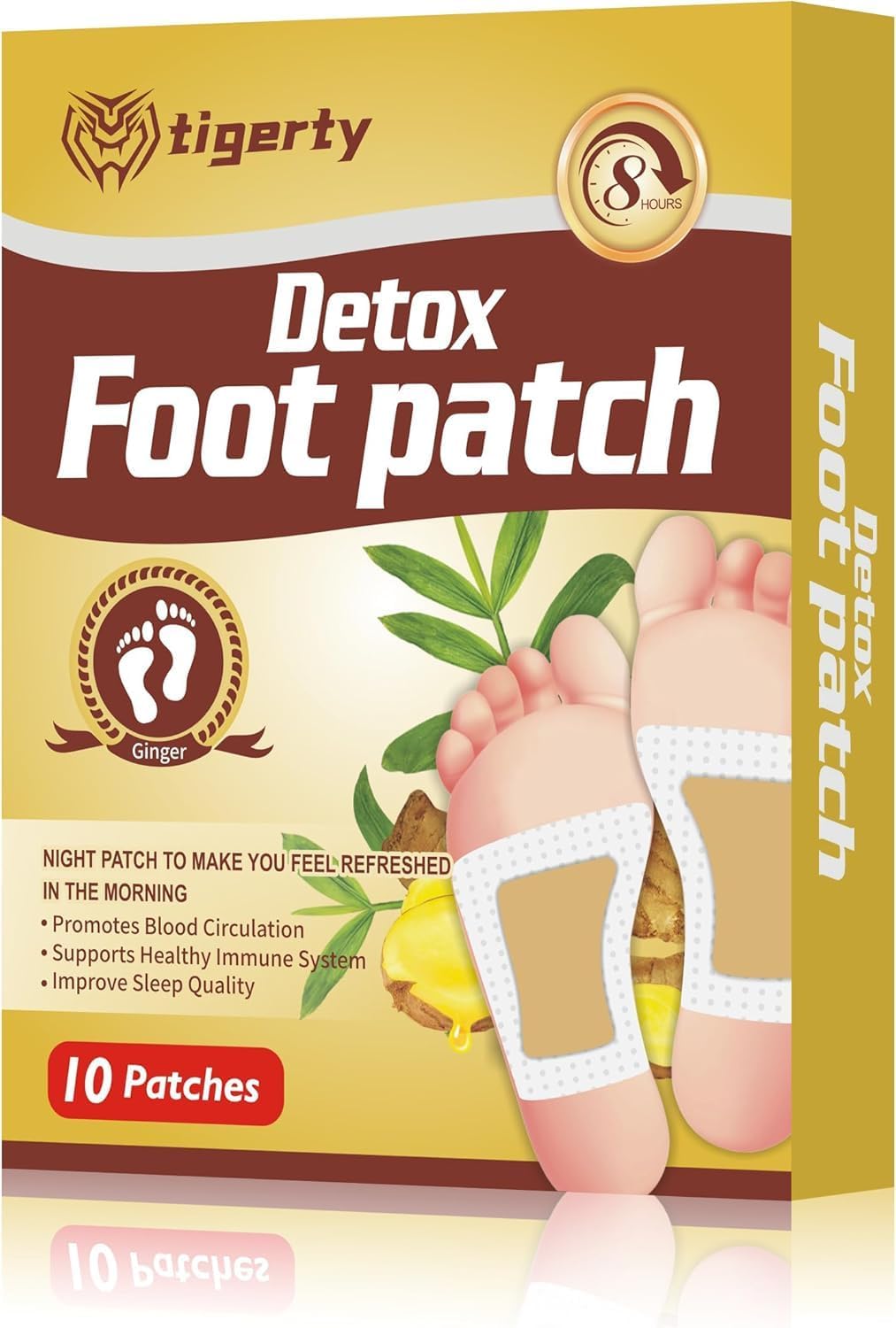 tigerty Foot Patches (10 Pieces), deep Cleansing Foot Patch, Natural Bamboo Vinegar Ginger Powder Foot Care sitckers, Adhesive Patches, Relaxation, Stress Relief, Better Sleep, 10 Pieces (1 Pack)