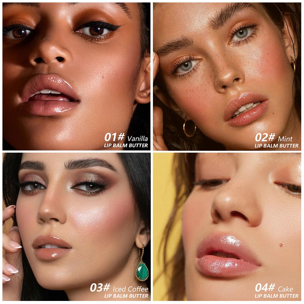 4PCS Summer Ultra-Hydrating Lip Butter Balm – Natural Vegan Lip Balm for Instant Moisture, Shine & Hydration, Sheer-Tinted, Soothes & Softens Dry Lips, Taste Vanilla & Mint & lced Coffee & Cake