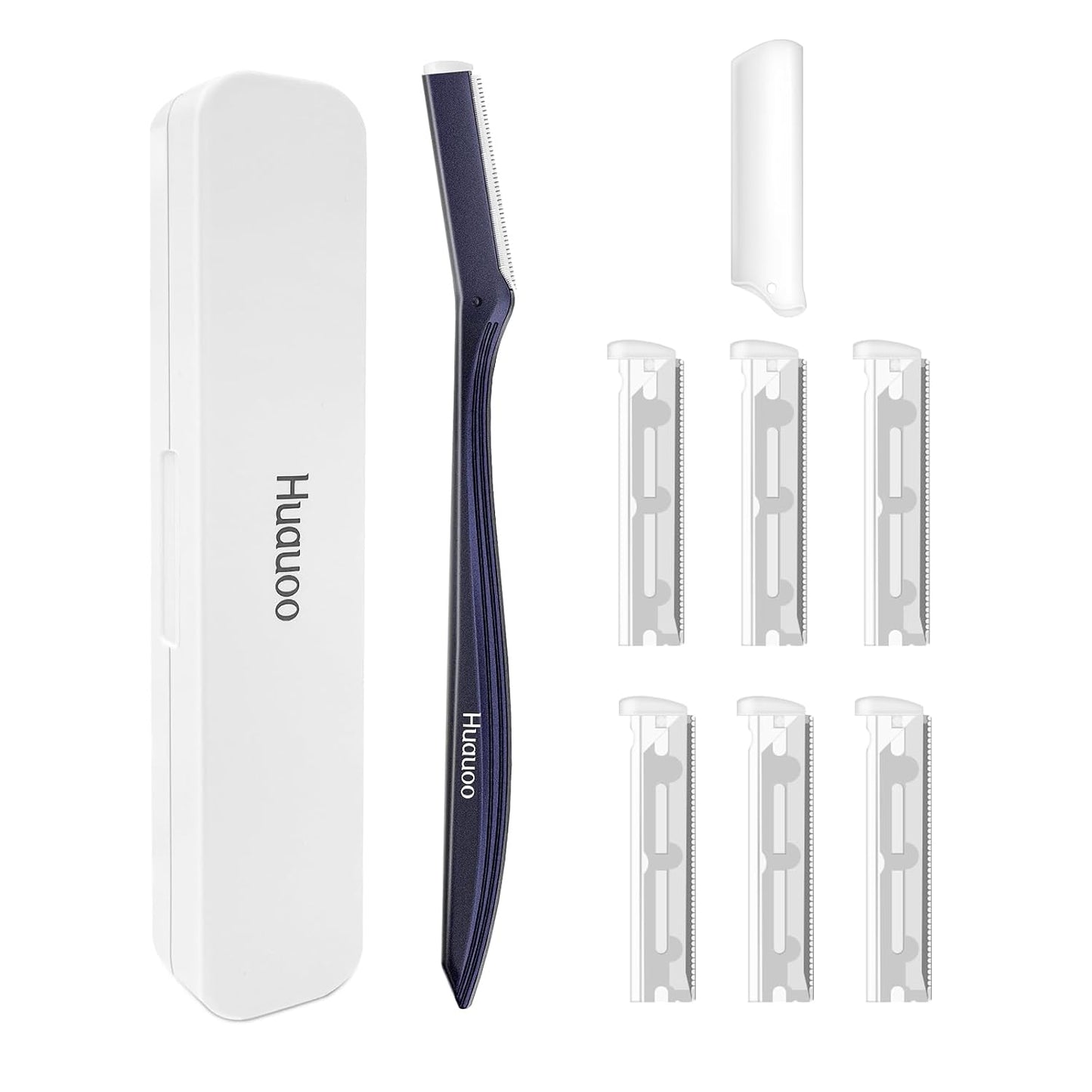 Dermaplane Razor for Women Face, Stainless Steel Handle with 6 Replaceable Blades, Huauoo Face Razors for Women, Peach Fuzz Remover, Eyebrow Trimmer, Dermaplaning Tool for Face Exfoliation (Navy Blue)