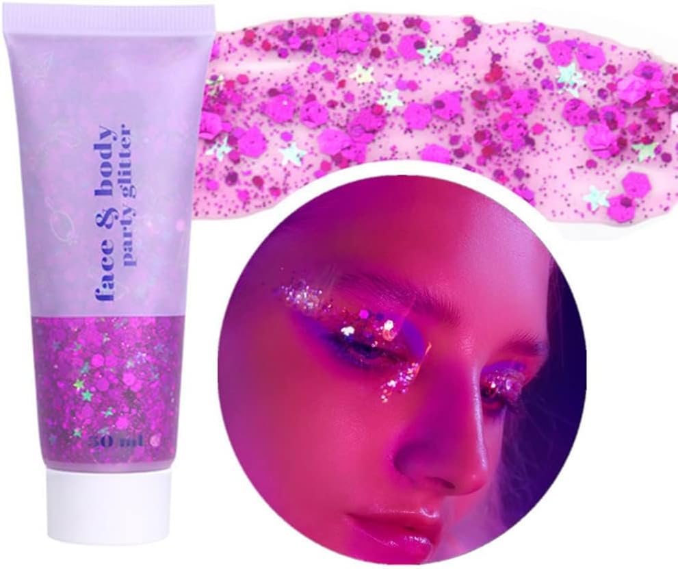 Go Ho Rose Purple Face Body Glitter Gel,Mardi Gras Purple Face Paint Makeup,Holographic Chunky Sequins Glitters for Eye Lip Hair Nails,Festival Rave Accessories,52g