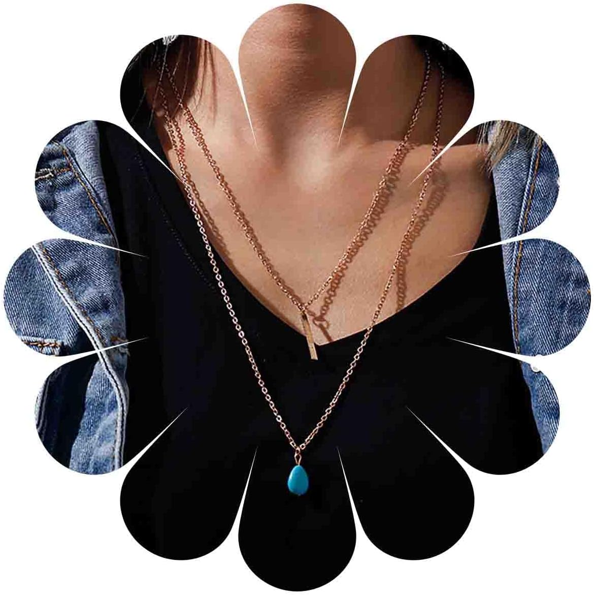 Boho Teardrop Turquoise Neckalce Layered Turquoise Pendant Neckalce Gold Bar Pendant Necklace Vintage Layering Turquoise Water drop Necklace Jewelry for Women and Girls