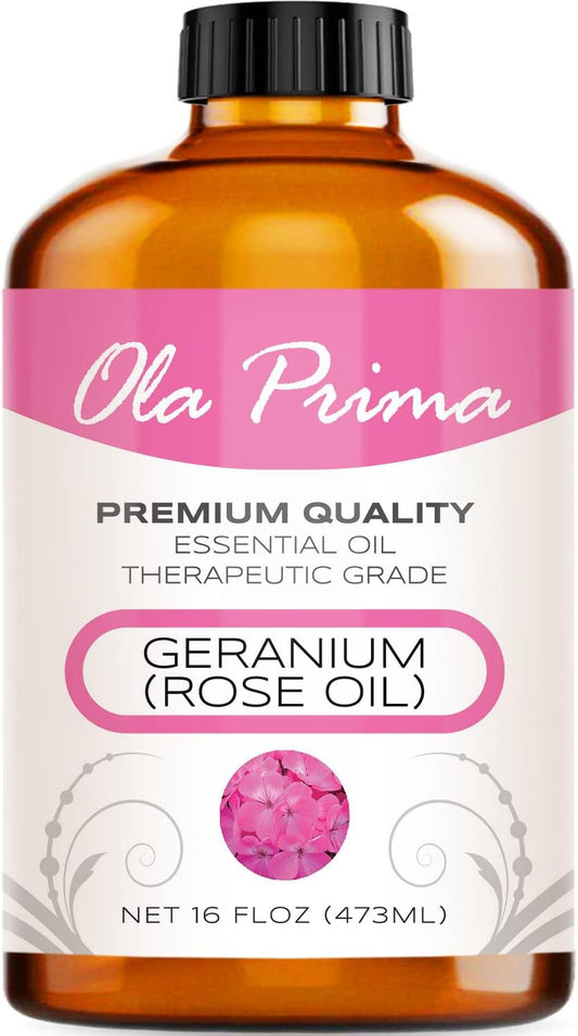 Ola Prima Rose Geranium Essential Oil Pure Therapeutic Grade for Aromatherapy Diffuser, Relaxation & Skincare (16oz Bulk)