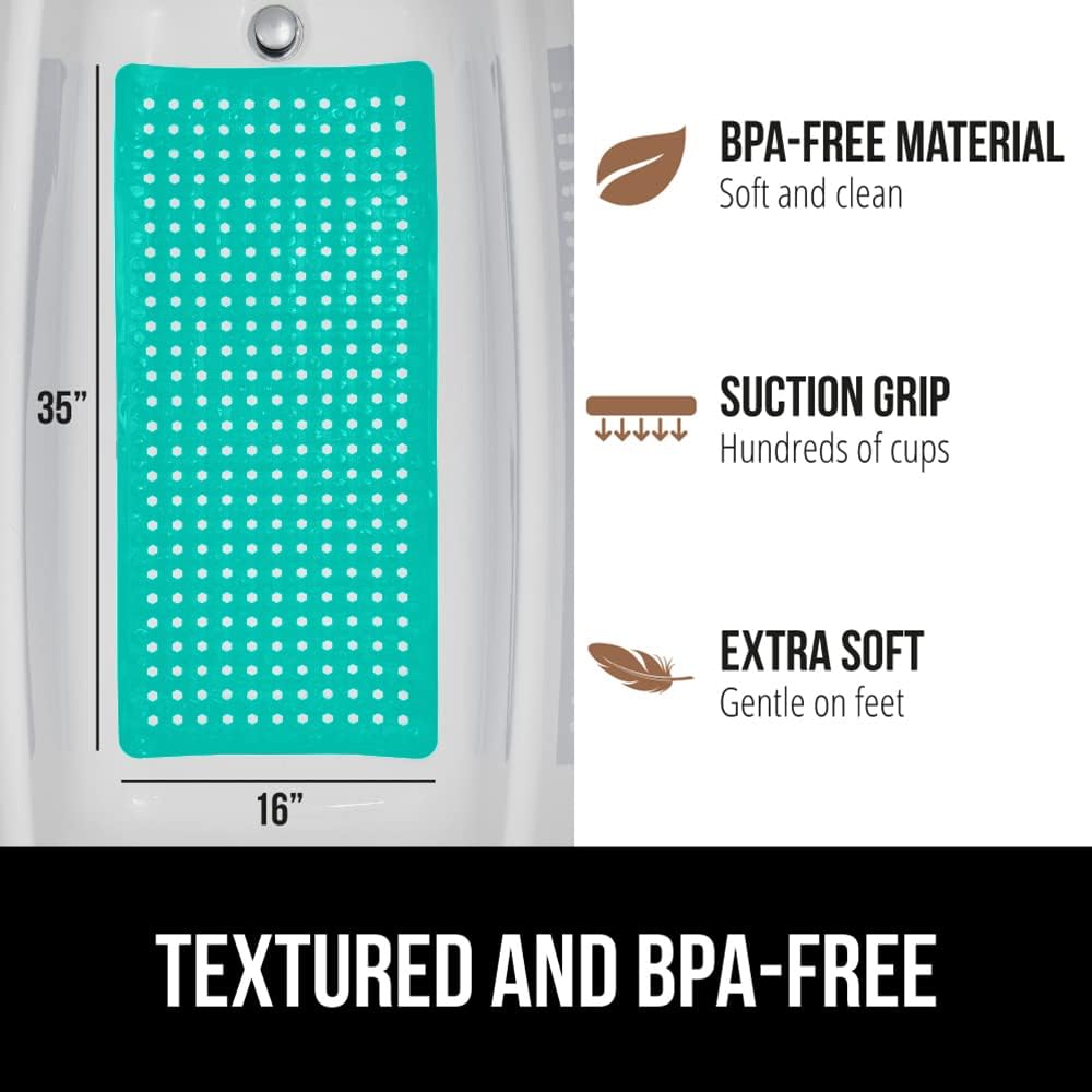 GORILLA GRIP Patented Bath Tub Shower Mat, Machine Washable Bathtub Floor Liner Mats, Suction Cups and Drain Holes to Keep Tubs Clean, Soft on Feet, Bathroom Essentials, 35x16 Inch, Turquoise Opaque