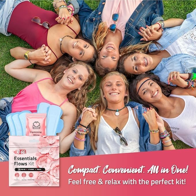 Essential Flows Kit – 3 Pantiliners, 2 Maxi Pads & 1 Feminine Wipe in Compact Zip Bag – Thin, Light, and Travel-Ready for Women & Girls – Single Pack (Orange)