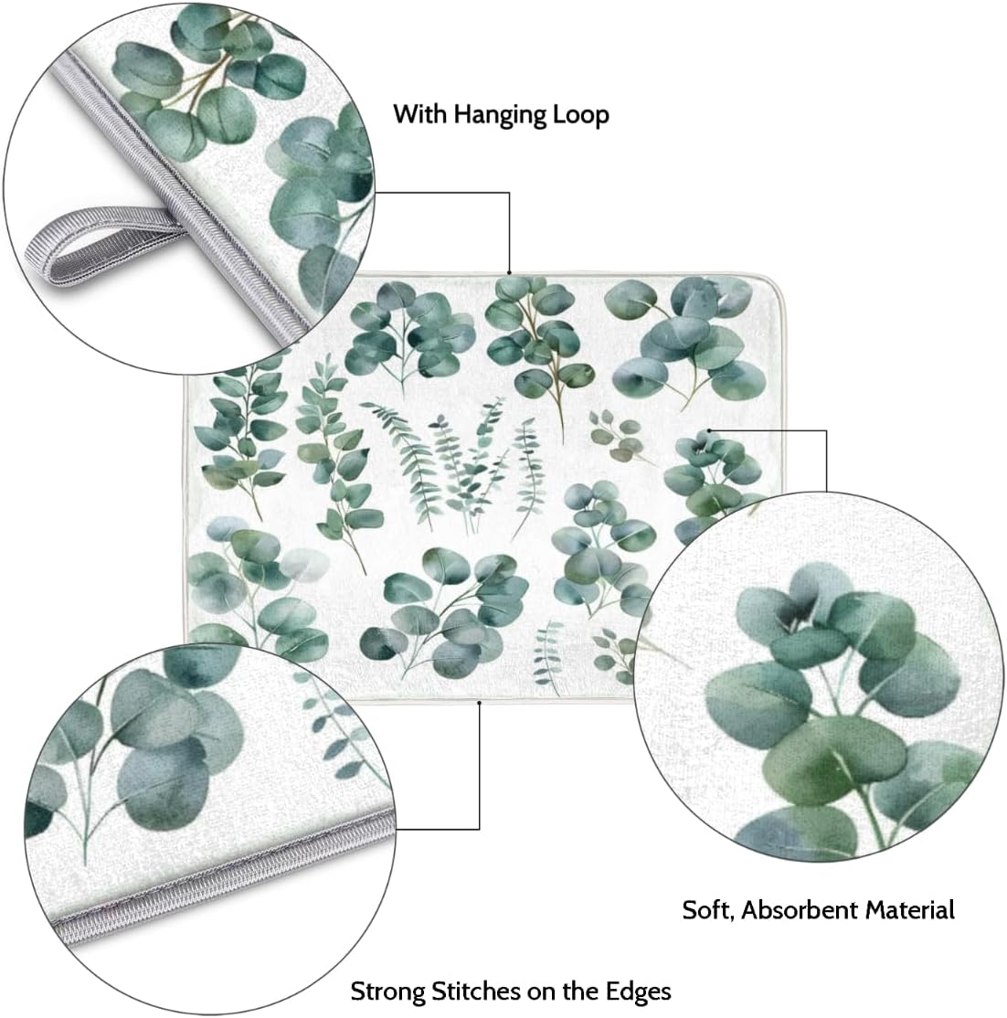 Hexteria Dish Drying Mat for Kitchen Counter Dish Mat Pad Absorbent Microfiber Kitchen Drying Mat Dish Drainer Rack Mat, 18x24 Inch, Eucalyptus Leaves