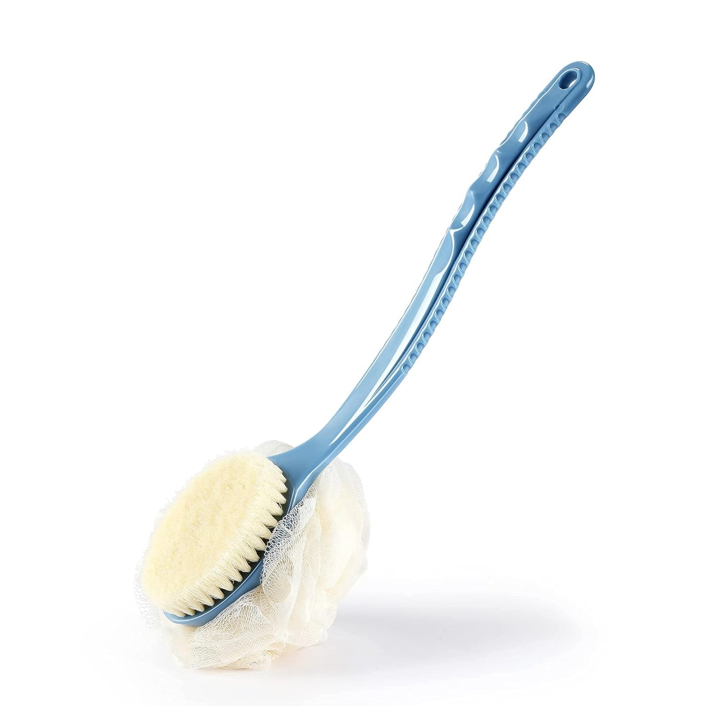 Shower Body Brush with Bristles and Loofah,Back Scrubber Bath Mesh Sponge with Curved Long Handle for Skin Exfoliating Bath, Massage Bristles Suitable for Wet or Dry, Men and Women (Blue)