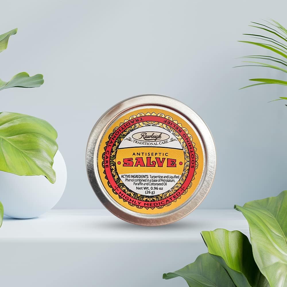 Rawleigh Antiseptic Yellow Salve Small Tin: 0.96 oz, Natural, Multi-Purpose Ointment Soothes Skin Cuts, Bruises, Irritations, with Turpentine, Phenol, Cottonseed Oil, Original Formula - Pack of 3