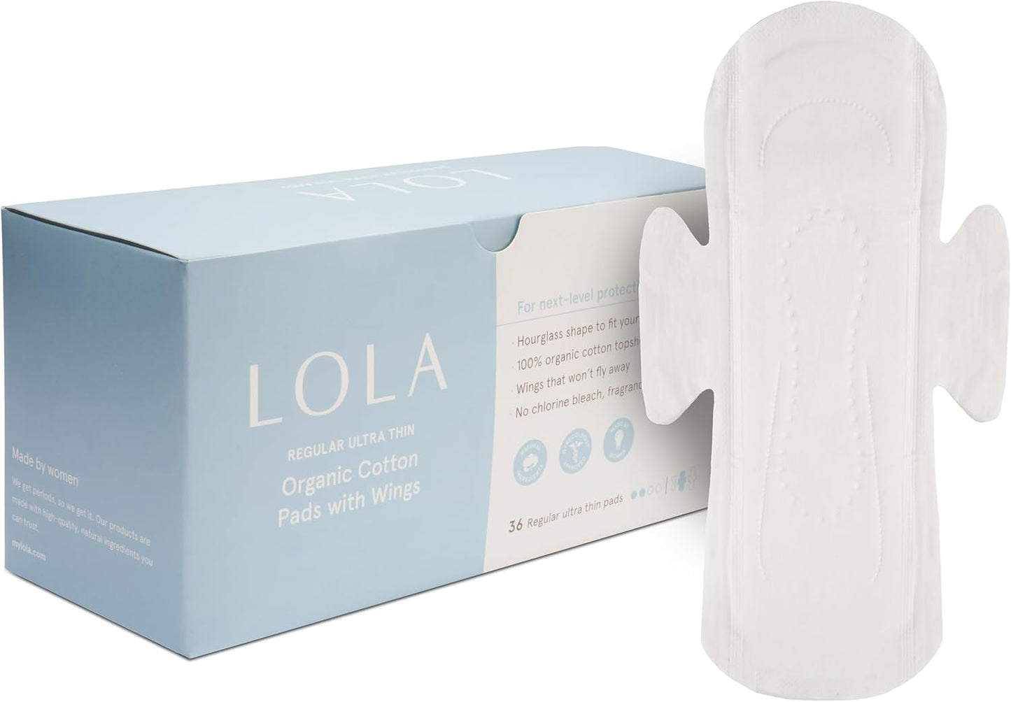 LOLA Non-Toxic Cotton Pads for Women - 36 Count, Regular, Ultra Thin with Wings - Organic Pads & Panty Liners for Women