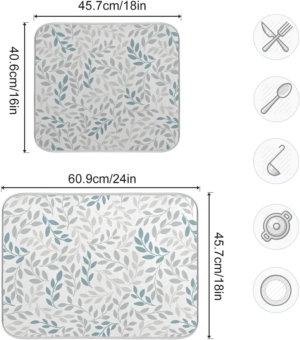 Grey and Blue Leaves branches Dish Drying Mat 18x24 for Kitchen Gray Leaves Botanical Spring Flowers Dishes Pad Dish Drainer Rack Mats Absorbent Fast Dry Kitchen Accessories