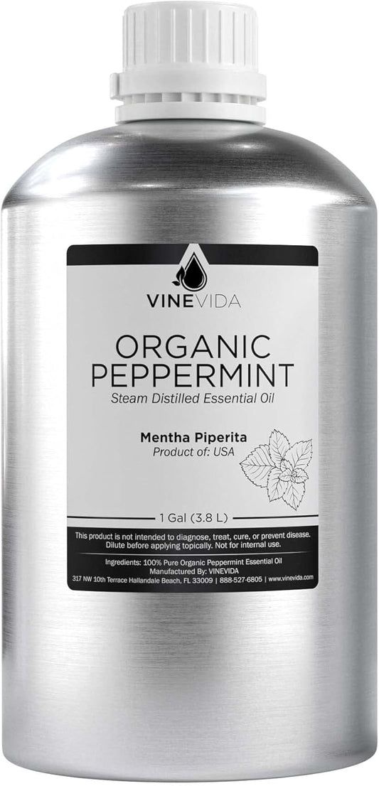 VINEVIDA Organic Peppermint Essential Oil - Gallon Organic Peppermint Oil Undiluted - Bulk Gallon Essential Oil for Soap Making Safe for Skin - DIY Candle Scents for Candlemaking Scents - 8 lbs