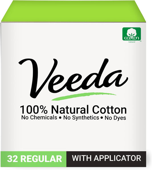 Veeda 100% Natural Cotton Tampons - Regular Absorbency with leak proof protection - Compact BPA-Free Applicator - Unscented & Free from Chlorine, Toxin - 32 Count