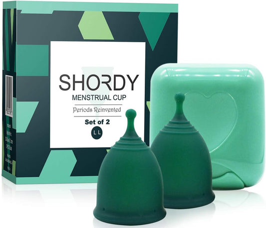 SHORDY Reusable Menstrual Cups (Large) Set of 2 with Mini Box, Medical Grade Silicone, Coupe Menstruelle, Safe Period Cup, Heavy Flow Kit, Feminine Hygiene, Tampons, Pads & Disc Alternative (Green)