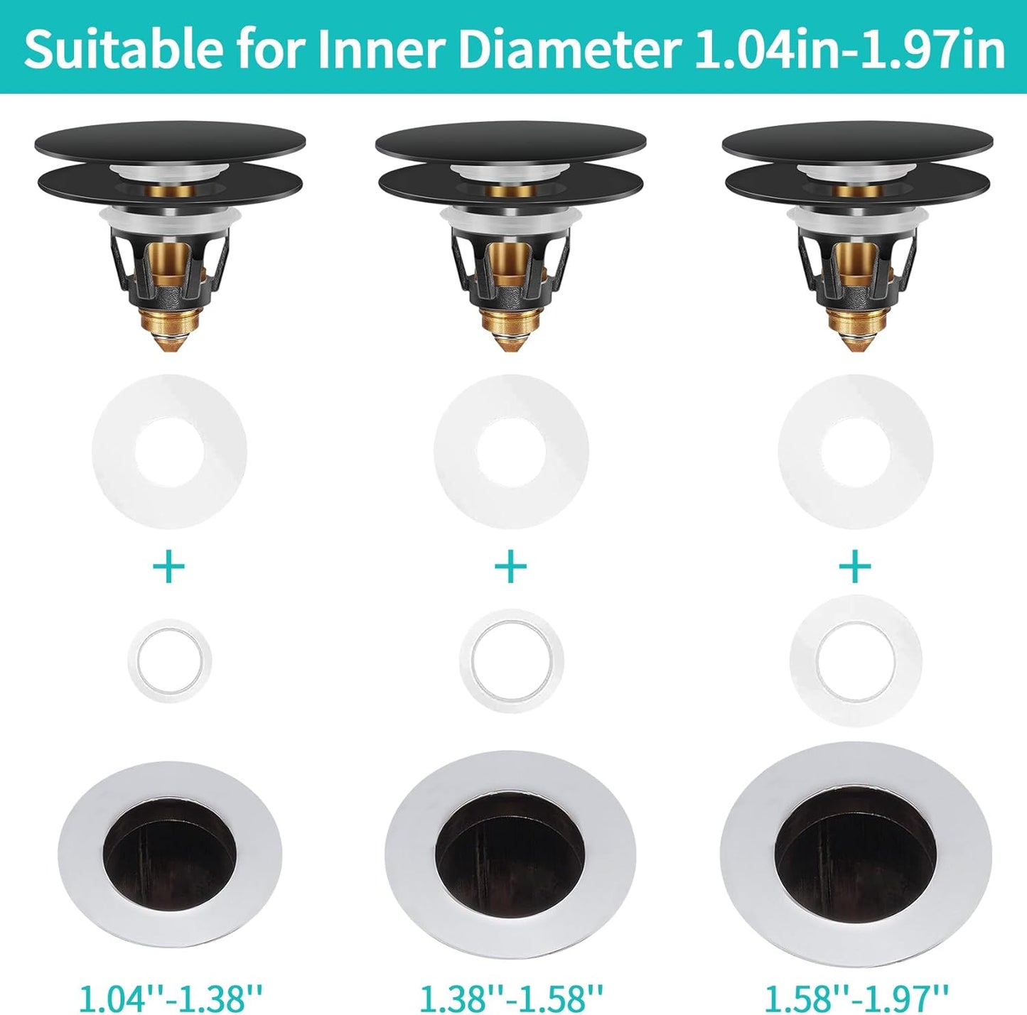 Universal Bathroom Sink Stopper with Hair Catcher, for 1.04-1.97 Inch Drain Hole, Spring Core Bathtub Drain Cover, Pop Up Sink Plug Basin Drain Strainer, Large Lid Black