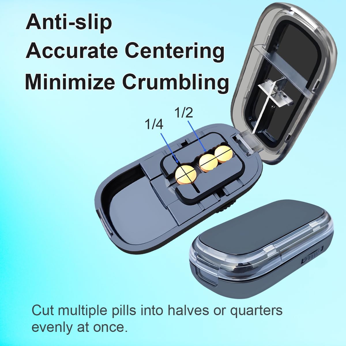 Pill Cutter for Cutting Multiple Pills, 1/2 1/4 Pill Splitter for Large, Small and Tiny Pills, with Centering Device, Improved Sharp Blade, Storage Organizer (Black)