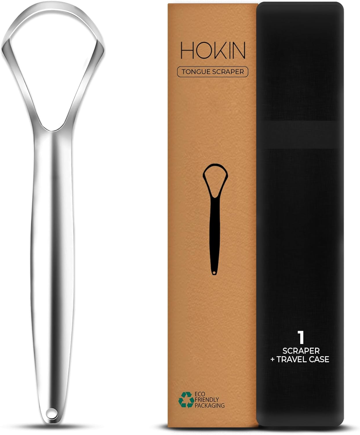 HOKIN Tongue Scraper for Adults with Travel Case (1Pcs Oral Care Pack) - 100% Metal Spoon Shaped Tongue Cleaner, Tough Scraper for Oral Hygiene