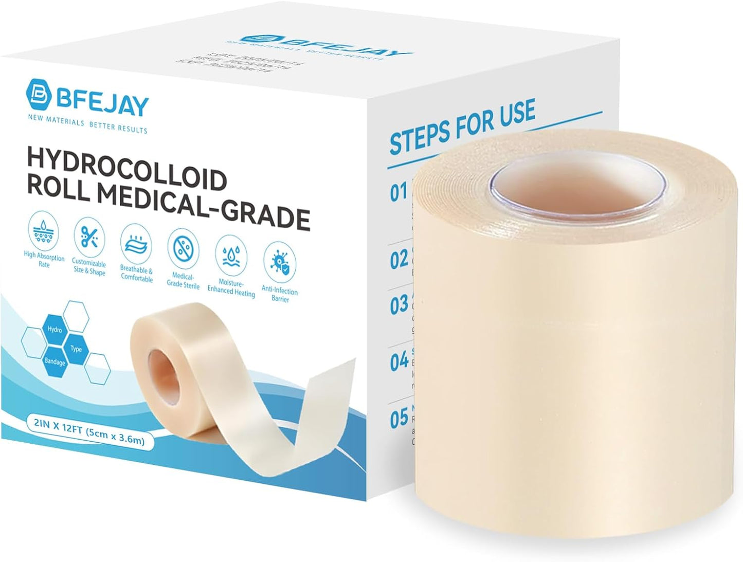 Hydrocolloid Bandages for Wound Care, Extra Large Medical-Grade Hydrocolloid Roll with Self-Adhesive, Ultra Absorbent, Flexible & Waterproof, DIY Size & Shape First Aid Kit Essential (2in*12ft)