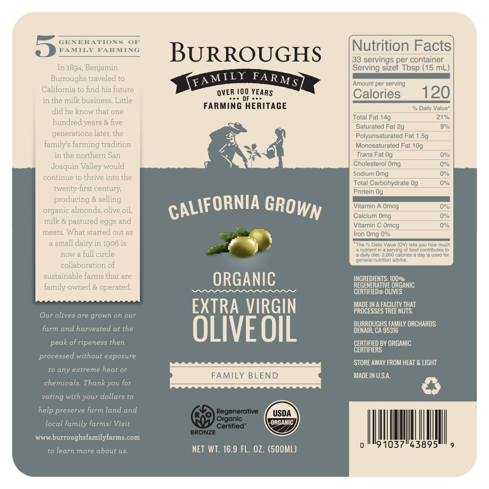 Burroughs Family Farms Premium Organic Extra Virgin Olive Oil – Cold-Pressed California EVOO, Polyphenol Rich Family Blend – Regenerative Organic & USDA Certified, Non-GMO, Gluten-Free – 500ml (16.9 fl oz) Glass Bottle