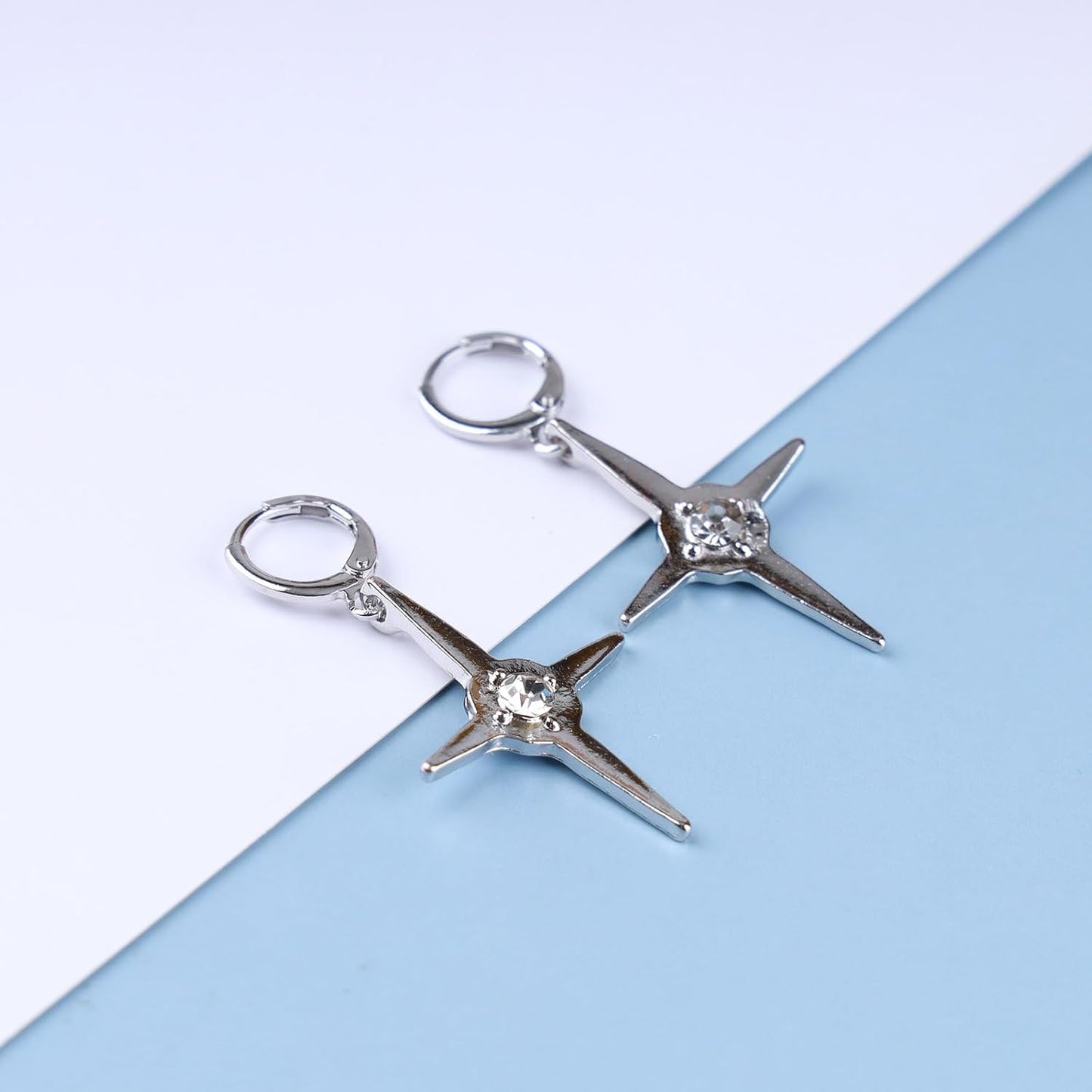 Punk Cross Star Dangle Drop Earrings Vintage Silver Hanging Rhinestone North Star Drop Earrings Minimalist Cross Star Dangle Huggie Small Hoop Earrings Jewelry for Women