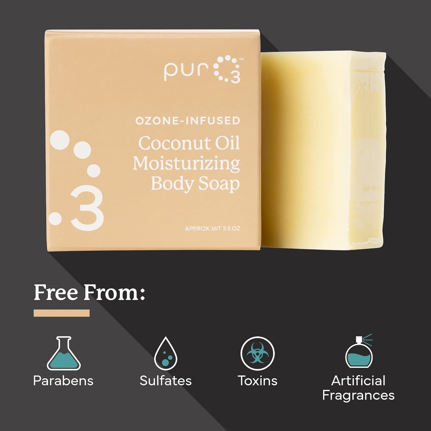 PurO3 Ozonated Coconut Oil Soap 3-Pack – Handcrafted Organic Body Wash – Natural Vegan Bars for Women & Men – Gentle, Biodegradable, Non Toxic Cleanser for Shower & Bath, 3.5 oz Bar Set