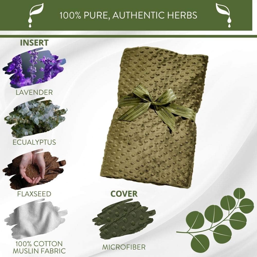Sonoma Lavender Eucalyptus Spa Blanket Eucalyptus with Lavender Buds and Flaxseed, Hot/Cold Microwaveable Blanket for Soothing Muscles, Removable Washable Cover (44"x18")