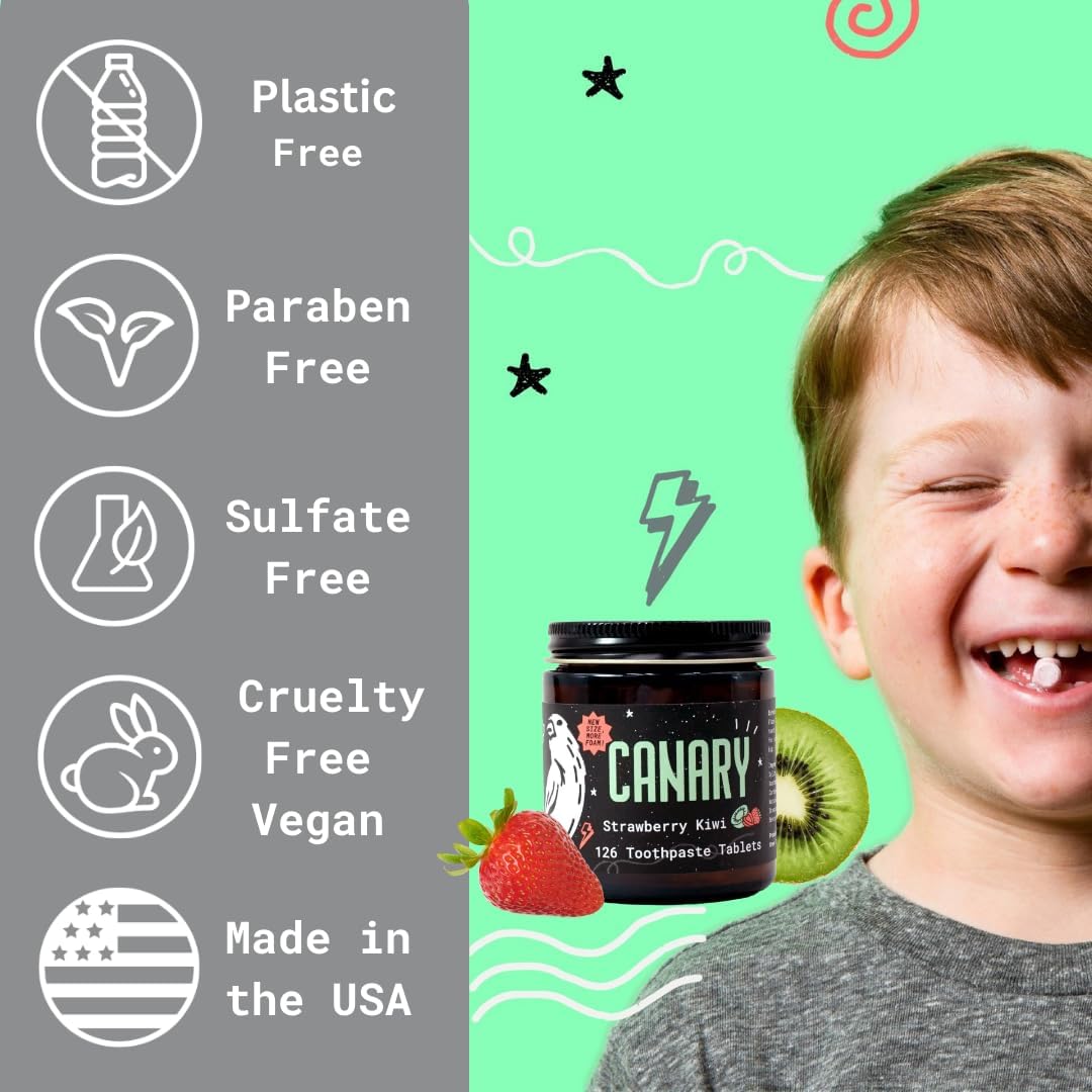 Canary Nano Hydroxyapatite Toothpaste Tablets Strawberry Kiwi - Remineralizing, Fluoride Free, All Natural Tabs with Xylitol - Great for Kids, Plastic Free - 189 Count