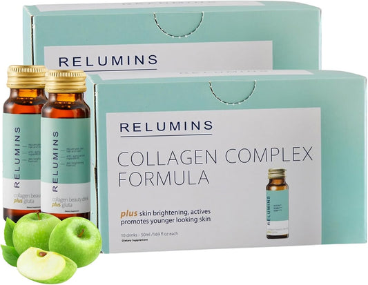 Relumins Advanced Collagen Beauty Drink with Glutathione, Hyaluronic Acid & Antioxidants - Post-Summer Skin Recovery & Shots for Radiant Skin, Hair & Nails - Apple Flavor - 20 Bottles x 50mL