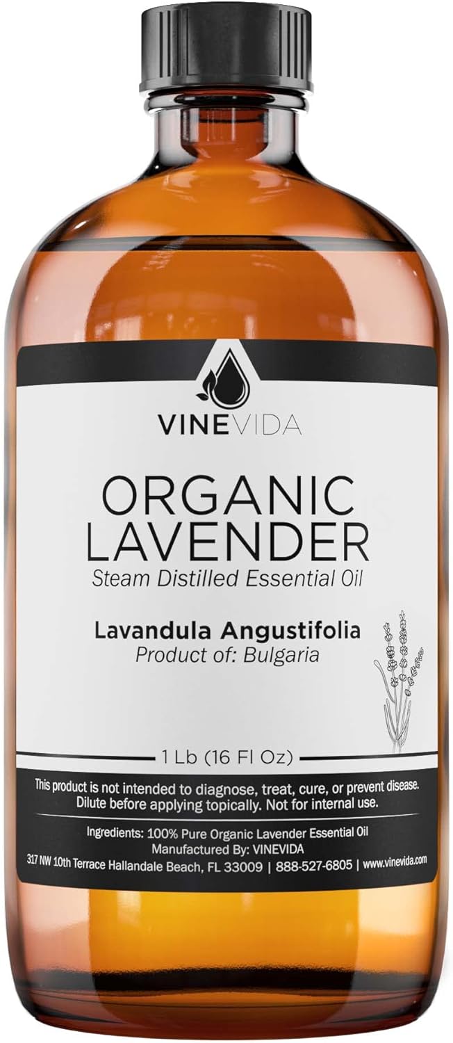VINEVIDA Organic Lavender Essential Oil 16 oz - Undiluted Organic Lavender Oil 16 oz - Organic Lavender Candle Oil Scent - DIY Candle Scents for Candlemaking - Bulk Essential Oil for Soap Making