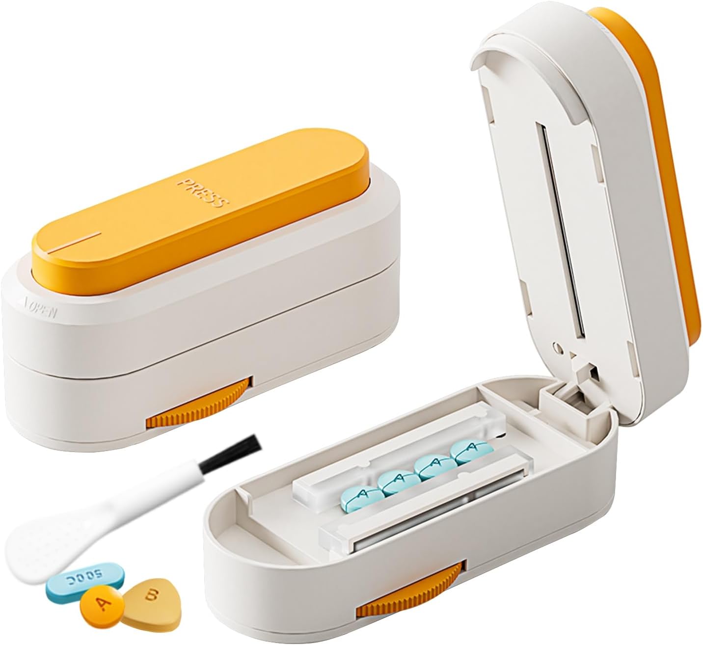 Multiple Pill Cutter - Pill Cutter Splitter for Small Tiny Large Pills Professional | Vertical Press-Down Cutting & Adjustable | Sturdy Blade & Guard | Includes Cleaning Brush (Orange)