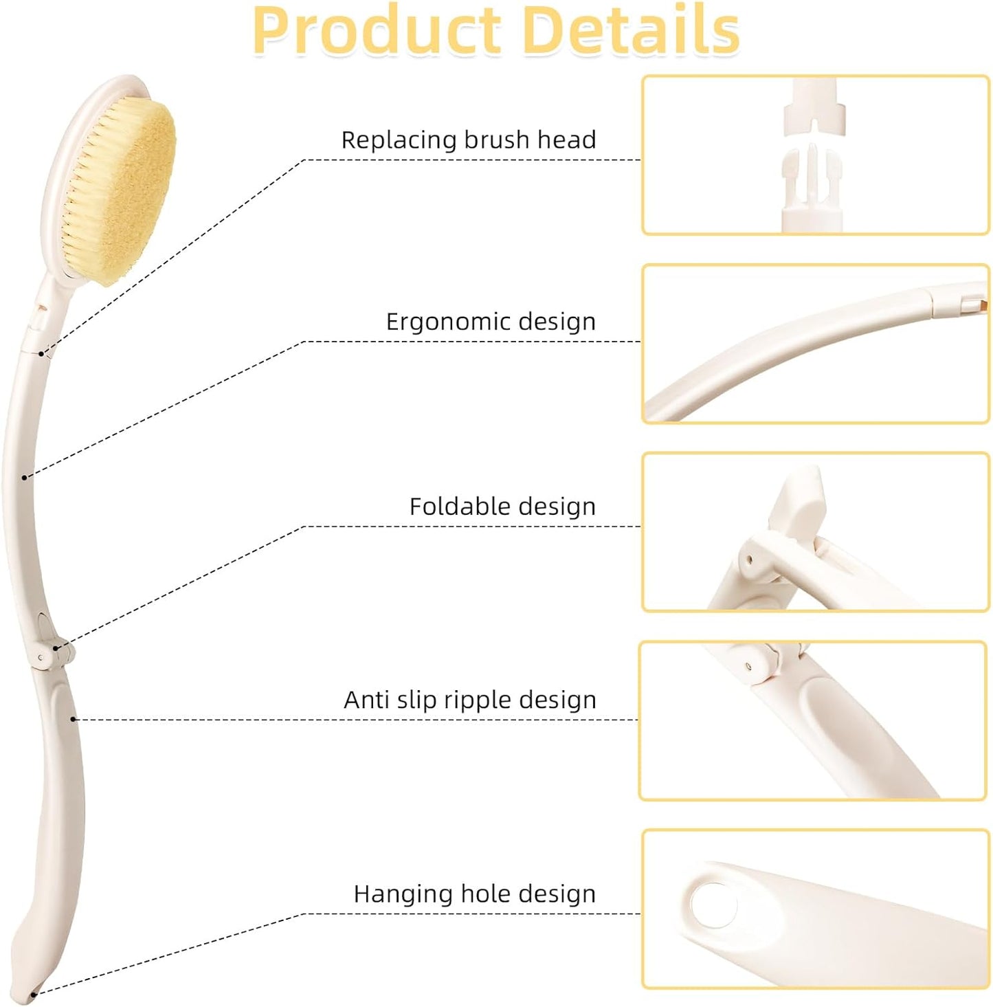 LFJ 19" Long Handle Shower Sponge Brush Set, 3 in 1 Body Brush, Bath Sponge and Lotion Applicator Improved Skin Health, Suitable for Men and Women (White Brush-2P)